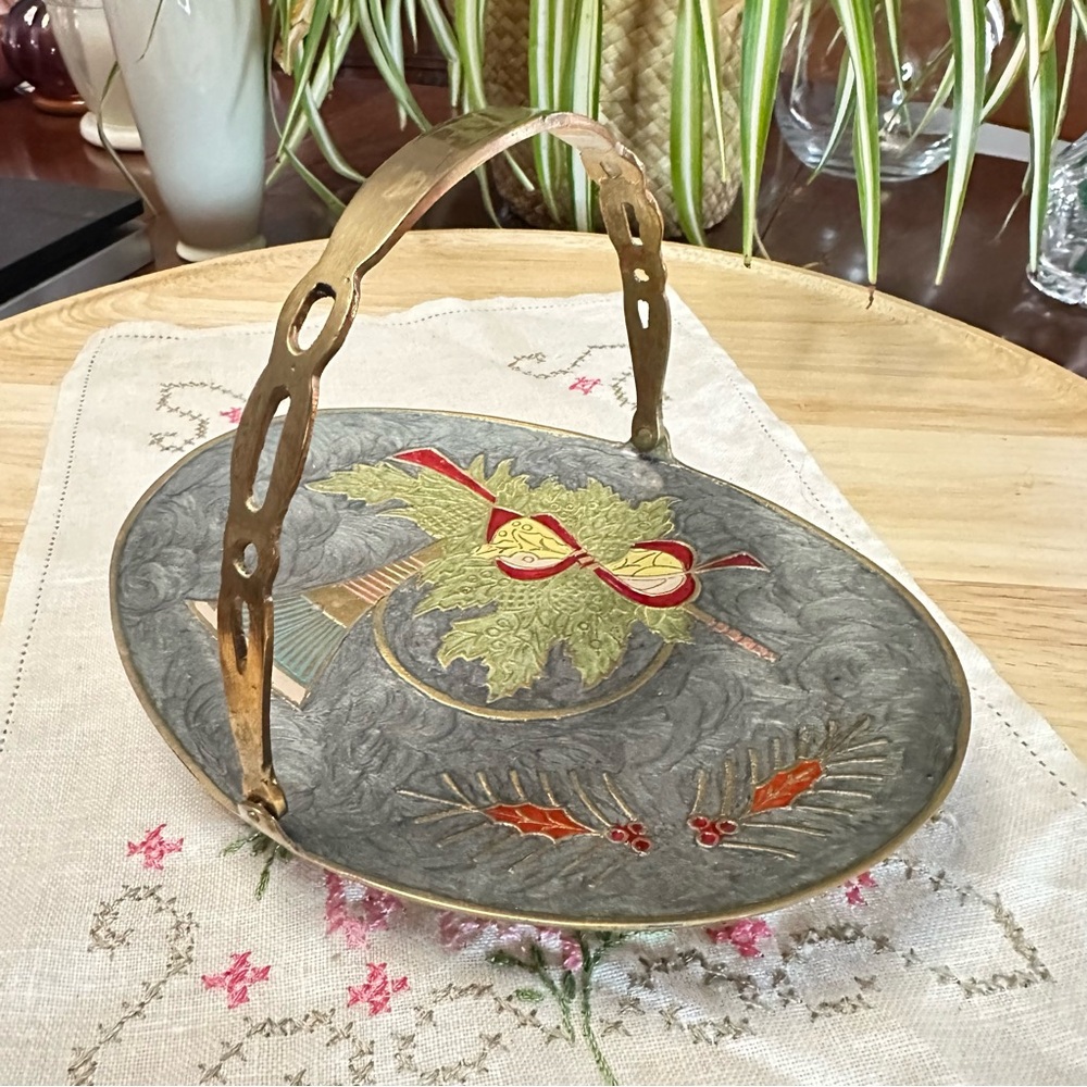 Vintage Cloisonné Enamel Brass Handled Basket – India | Holiday Decor